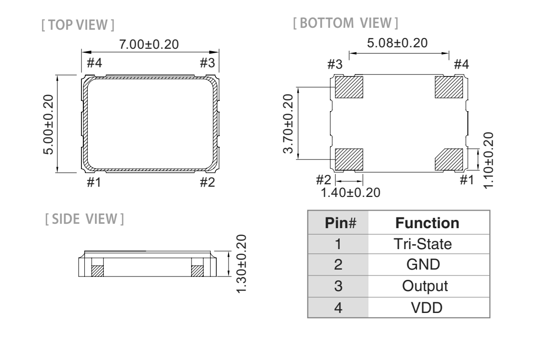 Outline Dimension & Pin Connections of SMD 7.0*5.0mm, Frequency Stability ±20ppm over -40℃ to 105℃, Pb-Free/RoHS Compliant SPXO